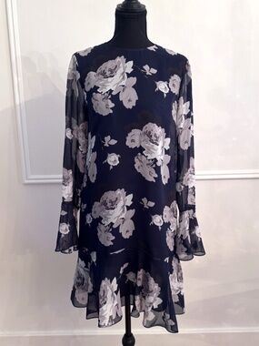 NWT Theory Marah Floral Chiffon Mini Dress 4 Blue Bell Sleeve Silk Lined